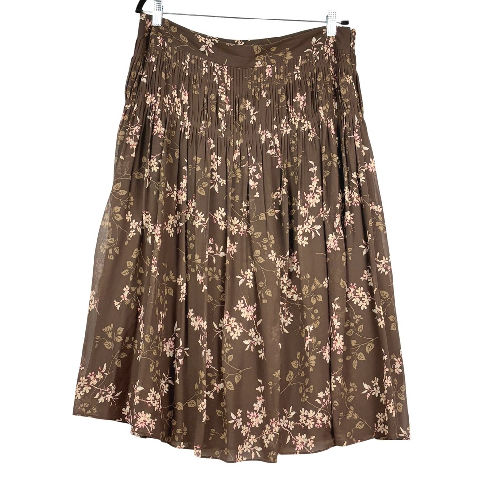 Ann Taylor Floral Silk Midi Skirt 14 Brown Pleated Romantic Career Flowy Boho
